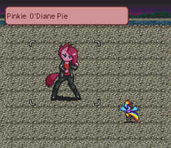 Size: 1280x1110 | Tagged: safe, artist:menalia, pinkie pie, rainbow dash, earth pony, pegasus, pony, g4, bipedal, boots, boss battle, clothes, crossover, famicom, female, jacket, jrpg, live a live, mare, pants, pinkamena diane pie, pixel art, shirt, shoes, wings