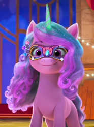 Size: 800x1080 | Tagged: safe, screencap, izzy moonbow, pony, unicorn, g5, my little pony: make your mark, my little pony: make your mark chapter 4, the manesquerade ball, spoiler:g5, cute, female, glitter, izzybetes, makeup, mare, mask, smiling