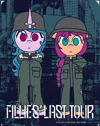 Size: 1920x2426 | Tagged: safe, artist:sluttershy, izzy moonbow, sunny starscout, earth pony, pony, unicorn, g5, anime, clothes, duo, duo female, female, front view, girls' last tour, helmet, high res, jacket, looking at you, military uniform, no pupils, parody, pixel art, stahlhelm, standing, title, uniform