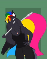 Size: 3264x4096 | Tagged: safe, artist:inisealga, oc, oc only, oc:fae lagoon, hybrid, kelpie, anthro, abstract background, clothes, female, jewelry, mare, necklace, pride, pride flag, solo