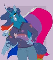 Size: 3645x4096 | Tagged: safe, artist:inisealga, oc, oc:blue sky, alicorn, anthro, alicorn oc, bisexual pride flag, commission, female, horn, mare, pride, pride flag, pride month, solo, wings, ych result