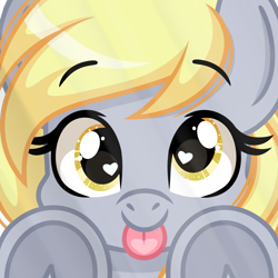 Size: 2000x2000 | Tagged: safe, alternate version, artist:emberslament, derpy hooves, pegasus, pony, g4, :p, close-up, cute, derpabetes, female, happy, heart, heart eyes, high res, licking, licking the fourth wall, mare, simple background, tongue out, transparent background, underhoof, wingding eyes