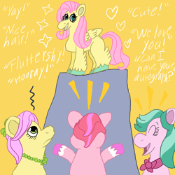 Size: 1500x1500 | Tagged: safe, artist:mintwhistle, dahlia, fluttershy, posey bloom, windy, earth pony, pegasus, pony, g4, g5, annoyed, atg 2023, back of head, bow, captivated, cheering, clothes, coat markings, colored, colored hooves, disguise, disguised changeling, emanata, evil smile, eyes closed, feathered fetlocks, female, flat colors, folded wings, g4 to g5, generation leap, grin, group, hair bow, heart, irritated, jewelry, mare, medibang paint, necklace, newbie artist training grounds, open mouth, open smile, posey bloom is not amused, praise, quartet, quote, scarf, simple background, smiling, smug, socks (coat markings), sparkles, unamused, unshorn fetlocks, wings, yellow background