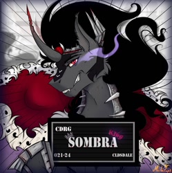 Size: 1458x1463 | Tagged: safe, artist:martazap3, king sombra, pony, unicorn, g4, armor, barbie, barbie (film), barbie mugshot meme, crown, dark, dark magic, horn, jewelry, king, magic, meme, mugshot, name, regalia, smiling, solo