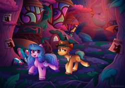 Size: 4500x3182 | Tagged: safe, artist:madelinne, hitch trailblazer, izzy moonbow, earth pony, pony, unicorn, g5, bracelet, bridlewood, crystal, drone, duo, duo male and female, fanfic art, female, forest, friendship bracelet, hat, high res, horn, house, jewelry, male, mare, missing poster, nature, open mouth, open smile, outdoors, poster, red light, sheriff's badge, smiling, stallion, tree, unshorn fetlocks, walking, window