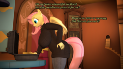 Size: 1920x1080 | Tagged: safe, artist:rexyvexi, fluttershy, pegasus, anthro, series:fluttershy's new amulet, g4, 3d, amulet, big breasts, box, breasts, clothes, door, female, fluttershy's cottage (interior), jewelry, solo, text, wings