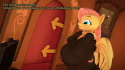 Size: 1920x1080 | Tagged: safe, artist:rexyvexi, fluttershy, pegasus, anthro, series:fluttershy's new amulet, g4, 3d, amulet, big breasts, breasts, busty fluttershy, clothes, door, female, fluttershy's cottage (interior), jewelry, solo, wings