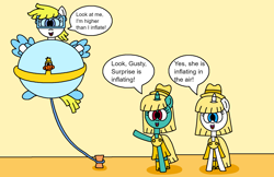 Size: 1952x1263 | Tagged: safe, artist:naomitheorangeponyfan36, fizzy, gusty, surprise, bird, duck, inflatable pony, pegasus, pony, twinkle eyed pony, unicorn, g1, g4, adoraprise, black text, boots, clothes, cute, dive mask, female, fizzybetes, flippers (gear), floaty, g1 to g4, generation leap, goggles, group, gustybetes, hat, hoof pointing, indoors, inflatable, mare, overalls, pool toy, rope, scuba diver, shadow, shoes, speech bubble, swimsuit, talking, text, trio, underwater surprise, wig