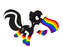Size: 1051x781 | Tagged: safe, artist:euspuche, oc, oc only, oc:zenawa skunkpony, earth pony, hybrid, pony, skunk, skunk pony, animated, chest fluff, clothes, dancing, eyes closed, flag, flag waving, gay pride, gay pride flag, gif, happy, male, male oc, mouth hold, pride, pride flag, pride month, pride socks, rainbow, rainbow socks, raised leg, raised tail, simple background, socks, solo, stallion, striped socks, tail, transparent background