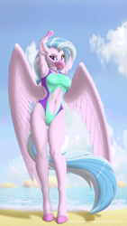 Size: 720x1280 | Tagged: safe, alternate version, artist:leopon276, silverstream, hippogriff, anthro, unguligrade anthro, g4, arms in the air, bare midriff, beach, beak, belly, belly button, blue eyes, breasts, busty silverstream, clothes, day, exposed belly, eyebrows, eyelashes, eyeliner, feather, feathered wings, female, high-cut clothing, hips, hooves, looking at you, makeup, midriff, navel cutout, one-piece swimsuit, open mouth, outdoors, reasonably sized breasts, sand, solo, stretching, swimsuit, tail, thighs, two toned hair, two toned tail, waist, water, wings