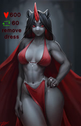 Size: 1896x2952 | Tagged: safe, artist:dacsy, king sombra, original species, umbra pony, unicorn, anthro, g4, ambiguous facial structure, black hair, breasts, busty queen umbra, loincloth, queen umbra, red bra, red dress, rule 63