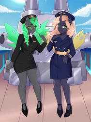 Size: 3000x4000 | Tagged: artist needed, source needed, safe, oc, oc only, oc:recina, changeling queen, anthro, admiral, anthro oc, battleship, changeling queen oc, clothes, duo, female, green changeling, high heels, military uniform, shoes, skirt, uniform, yellow changeling