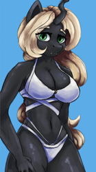 Size: 518x925 | Tagged: safe, artist:ryanmandraws, oc, oc only, oc:recina, changeling, changeling queen, anthro, anthro oc, bikini, blue background, changeling queen oc, clothes, simple background, solo, swimsuit