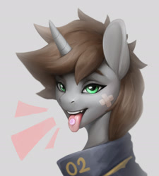 Size: 1879x2090 | Tagged: safe, artist:dashid, oc, oc only, oc:littlepip, pony, unicorn, fallout equestria, clothes, cute, cute little fangs, fangs, female, horn, jumpsuit, mare, mint-als, party time mintals, pony oc, solo, tongue out, unicorn oc, vault suit