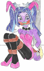 Size: 708x1129 | Tagged: safe, artist:godzilla713, aria blaze, human, equestria girls, g4, ass, bondage, bunny ears, bunny suit, butt, cleave gag, cloth gag, clothes, female, gag, pole tied, simple background, solo, tied up, traditional art, white background