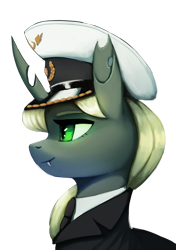 Size: 2000x2846 | Tagged: safe, artist:mrscroup, oc, oc only, oc:recina, changeling, equestria at war mod, blushing, bust, changeling oc, clothes, fangs, high res, portrait, simple background, solo, transparent background