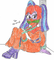 Size: 848x942 | Tagged: safe, artist:godzilla713, aria blaze, human, equestria girls, g4, bondage, burqa, cleave gag, cloth gag, female, gag, simple background, solo, tied up, traditional art, white background