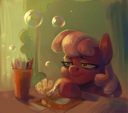 Size: 1700x1500 | Tagged: safe, artist:jewellier, cheerilee, earth pony, pony, bags under eyes, bubble, bust, cup, female, flower, mare, notebook, pencil, portrait, solo, teacher, tired, vent art