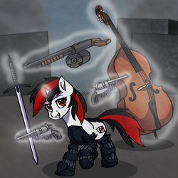 Size: 2000x2000 | Tagged: safe, artist:artevi, oc, oc only, oc:blackjack, cyborg, pony, unicorn, fallout equestria, fallout equestria: project horizons, amputee, atg 2023, augmented, contrabass, cyber eyes, double bass, fanfic art, female, gun, handgun, high res, horn, level 2 (project horizons), magic, mare, musical instrument, newbie artist training grounds, prosthetic limb, prosthetics, revolver, robot legs, shotgun, small horn, smiling, solo, sword, telekinesis, weapon