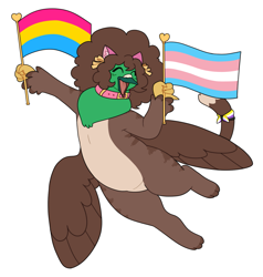 Size: 1401x1470 | Tagged: safe, artist:greenarsonist, oc, oc only, oc:frizz, griffon, bow, cat ears, catboy, chubby, collar, flag, fluffy hair, flying, griffon oc, male, male oc, nonbinary, nonbinary pride flag, pansexual, pansexual pride flag, pride, pride flag, pride month, simple background, smiling, solo, trans male, transgender, transgender pride flag, transparent background, wings