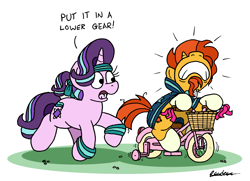 Size: 2328x1687 | Tagged: safe, artist:bobthedalek, starlight glimmer, sunburst, pony, unicorn, g4, atg 2023, basket, bicycle, coat markings, dialogue, duo, exercise, facial hair, female, goatee, gritted teeth, male, mare, newbie artist training grounds, nose in the air, simple background, socks (coat markings), stallion, straining, sweatband, teeth, training wheels, white background