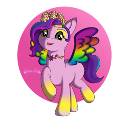 Size: 1280x1237 | Tagged: safe, artist:tenderrain-art, pipp petals, pegasus, pony, bridlewoodstock (make your mark), g5, my little pony: make your mark, my little pony: make your mark chapter 4, the manesquerade ball, spoiler:g5, spoiler:my little pony: make your mark, spoiler:my little pony: make your mark chapter 4, spoiler:mymc04e05, adorapipp, bridlewoodstock, colored wings, cute, diadem, female, floral head wreath, flower, headband, jewelry, makeup, mare, multicolored wings, open mouth, open smile, rainbow wings, regalia, smiling, solo, standing on two hooves, wings