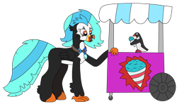 Size: 3181x1879 | Tagged: safe, artist:supahdonarudo, oc, oc only, oc:icebeak, bird, classical hippogriff, hippogriff, penguin, atg 2023, bowtie, food, food stand, holding, jewelry, necklace, newbie artist training grounds, simple background, snow cone, transparent background