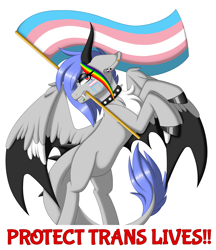 Size: 2064x2385 | Tagged: safe, artist:melodytheartpony, oc, oc only, oc:melody silver, dracony, dragon, hybrid, pony, asexual, asexual pride flag, bat wings, choker, collar, doodle, eyeshadow, fangs, feathered wings, female, flag waving, high res, horns, looking at you, makeup, on hind legs, piercing, pride, pride flag, pride month, signature, simple background, solo, spiked choker, spread wings, standing, transgender pride flag, white background, wings