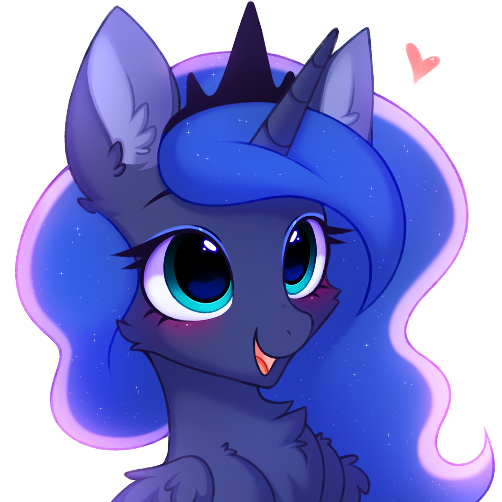 [alicorn,blushing,chest fluff,crown,cute,female,heart,jewelry,mare,open mouth,pony,princess luna,safe,simple background,solo,white background,regalia,ear fluff,lunabetes,smiling,artist:pesty_skillengton,open smile]