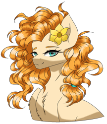 Size: 887x1026 | Tagged: safe, artist:galaxynight100, pear butter, earth pony, pony, g4, 2d, cyan eyes, female, flower, flower in hair, looking left, mare, orange mane, orange skin, png, simple background, solo, transparent background