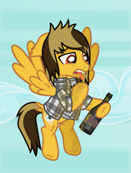 Size: 1171x1542 | Tagged: safe, alternate version, artist:lightningbolt, derpibooru exclusive, pegasus, pony, g4, .svg available, alcohol, alex gaskarth, all time low, bottle, button-up shirt, cheek fluff, clothes, cloud, disgusted, dyed mane, dyed tail, ear fluff, ears back, flying, hoof fluff, hoof hold, lidded eyes, male, open clothes, open mouth, open shirt, ponified, rolled up sleeves, shirt, show accurate, sky, solo, spread wings, stallion, svg, t-shirt, tail, tail feathers, tongue out, vector, vomit, wings