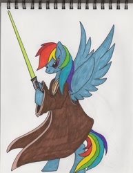 Size: 1696x2200 | Tagged: safe, artist:onixlordofdragons, rainbow dash, pegasus, pony, g4, bipedal, clothes, hoof hold, jedi, lightsaber, old art, robe, simple background, solo, star wars, traditional art, weapon, white background