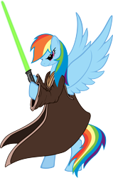 Size: 3827x6000 | Tagged: safe, artist:fabulouspony, artist:onixlordofdragons, edit, rainbow dash, pegasus, pony, g4, absurd resolution, bipedal, clothes, hoof hold, jedi, lightsaber, old art, robe, simple background, solo, star wars, transparent background, vector, weapon