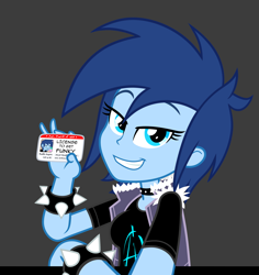 Size: 2100x2224 | Tagged: safe, artist:earth_pony_colds, oc, oc only, oc:frosty, human, equestria girls, g4, blue eyes, blue skin, choker, high res, id card, license, show accurate, simple background, smug, solo, spiked wristband, wristband