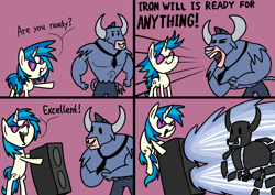 Size: 2048x1448 | Tagged: safe, artist:ewoudcponies, dj pon-3, iron will, vinyl scratch, minotaur, pony, unicorn, g4, 4 panel comic, comic, dialogue, duo, duo male and female, female, male, mare, speaker