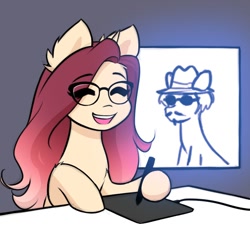 Size: 1000x1000 | Tagged: safe, artist:katputze, oc, oc only, oc:crimson sunset, pony, unicorn, drawing tablet, eye clipping through hair, eyebrows, eyebrows visible through hair, eyes closed, female, glasses, gray background, hoof hold, mare, open mouth, open smile, simple background, smiling, solo, stylus