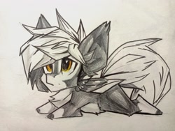 Size: 2560x1920 | Tagged: safe, artist:tlen borowski, oc, oc only, oc:deka, pegasus, pony, chest fluff, chibi, colored wings, lying down, neo noir, partial color, pegasus oc, prone, sketch, solo, traditional art, two toned coat, two toned mane, two toned wings, wings