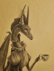 Size: 1436x1900 | Tagged: safe, artist:cahandariella, smolder, dragon, g4, adult, bust, clothes, cup, dragoness, dress, female, jewelry, makeup, monochrome, newbie artist training grounds, older, pencil drawing, solo, teacup, traditional art