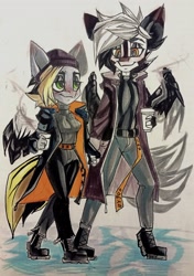 Size: 1522x2160 | Tagged: safe, artist:tlen borowski, oc, oc only, oc:deka, oc:tlen borowski, pegasus, anthro, beanie, belt, boots, clothes, coat, coffee cup, colored wings, cup, duo, hat, looking at each other, looking at someone, pants, pegasus oc, shoes, smiling, spread wings, steam, sweater, traditional art, two toned coat, two toned mane, two toned wings, walking, wings