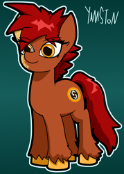 Size: 952x1332 | Tagged: safe, artist:yamston, oc, oc:kelmoon, earth pony, pony, fanfic:living the dream, 2023, birth mark, brown coat, earth pony oc, female, hooves, mare, parent:oc:dali(ltd), parent:oc:drax(ltd), red hair, simple background, solo, spiky mane, yellow eyes