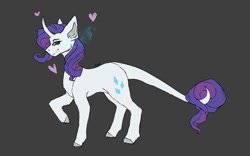 Size: 1600x1000 | Tagged: safe, artist:m0thexrene, rarity, classical unicorn, pony, unicorn, g4, cloven hooves, female, gray background, heart, horn, leonine tail, looking at you, magic, mare, profile, raised hoof, redesign, signature, simple background, smiling, solo, unshorn fetlocks