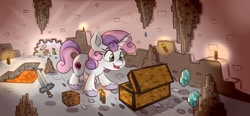 Size: 1998x930 | Tagged: safe, artist:nedemai, button mash, sweetie belle, pony, unicorn, g4, atg 2023, colt, creeper, duo, female, filly, foal, gem, lava, male, minecraft, newbie artist training grounds, open mouth, solo focus, sword, the cmc's cutie marks, treasure chest, weapon