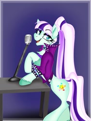 Size: 1111x1481 | Tagged: safe, artist:catanymoon, coloratura, earth pony, pony, g4, countess coloratura, female, mare, microphone, purple background, simple background, solo, table