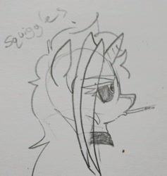 Size: 1994x2103 | Tagged: safe, artist:pony quarantine, oc, oc only, oc:dyx, alicorn, pony, bust, cigarette, eye clipping through hair, female, filly, foal, gray background, grayscale, monochrome, pencil drawing, profile, simple background, traditional art