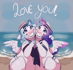 Size: 2387x2271 | Tagged: safe, artist:glorymoon, oc, oc only, oc:periwinkle, oc:tyrian, pegasus, pony, beach, cap, colored hooves, duo, fangs, grin, hat, high res, hooves together, looking at you, magical lesbian spawn, offspring, parent:rarity, parent:twilight sparkle, parents:rarilight, sailor suit, sharp teeth, siblings, smiling, smiling at you, teeth, twins