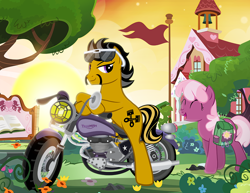 Size: 900x695 | Tagged: safe, artist:pixelkitties, cheerilee, oc, oc:dusty katt, earth pony, pony, g4, bag, crossed hooves, earth pony oc, facial hair, female, flower, male, mare, motorcycle, ponyville schoolhouse, saddle bag, smiling, stallion, sunglasses, sunglasses on head, triumph