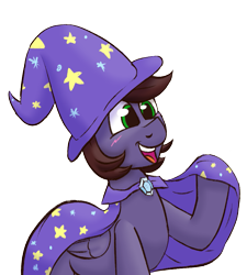 Size: 797x887 | Tagged: safe, artist:xppp1n, oc, oc:peeps, pony, blushing, brooch, cape, clasp, clothes, cosplay, costume, hat, jewelry, male, male oc, simple background, solo, stallion, transparent background, trixie's brooch, trixie's cape, trixie's hat