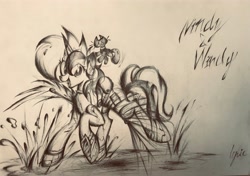 Size: 3793x2667 | Tagged: safe, artist:lydia, oc, oc only, oc:windy／painting heart, cat, pony, unicorn, fallout equestria, clothes, fallout, female, liquid, looking at you, machinery, open mouth, paper, pencil, pencil drawing, running, sketch, smiling, smiling at you, solo, splash, traditional art, virtual reality, water