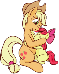 Size: 678x846 | Tagged: safe, artist:xppp1n, apple bloom, applejack, earth pony, pony, g4, apple sisters, applejack's hat, blank flank, cowboy hat, duo, duo female, female, filly, foal, hat, hug, mare, pixel art, sibling love, siblings, simple background, sisterly love, sisters, sitting, transparent background