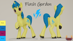 Size: 3840x2160 | Tagged: safe, artist:loveslove, oc, oc only, oc:flash gordon, pony, unicorn, 3d, blender, butt, high res, horn, male, plot, raised hoof, reference sheet, simple background, smiling, solo, tail, text, unicorn oc